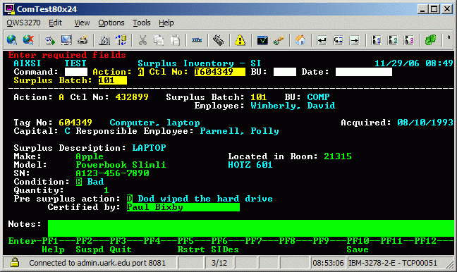 Example of the Surplus Item screen for an AIMS asset