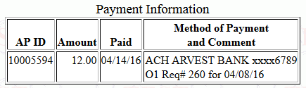 Actual payment information