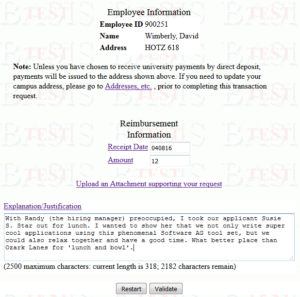 Employee entry of request