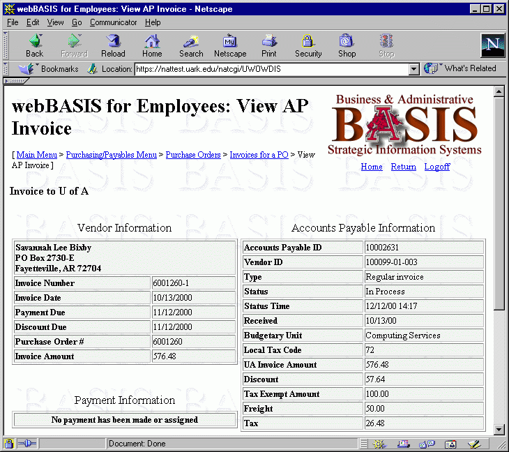 Image of a web page showing invoice data.
