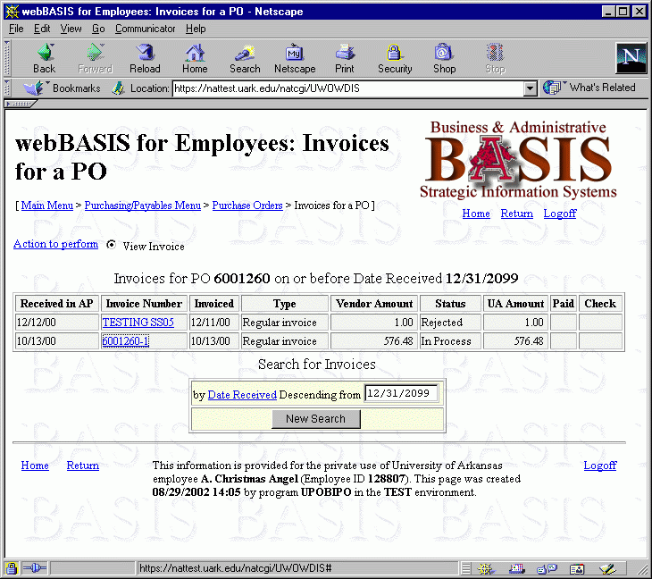 Image of a web browse of the invoices for a PO.