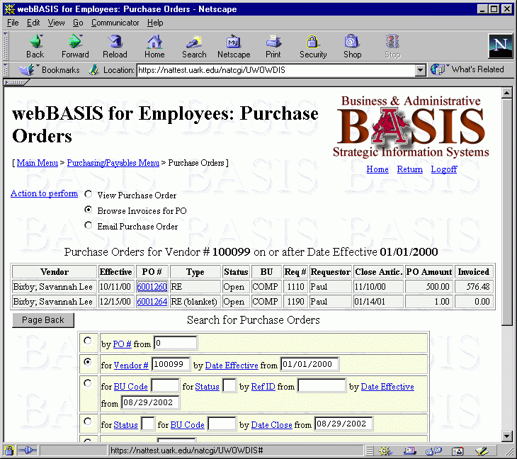 Image of a web browse of purchase orders, with an action selected to view invoices for the PO.