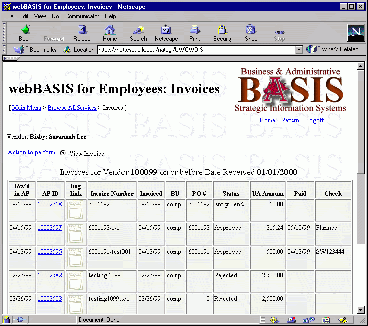 Invoice browse results for the vendor and date.