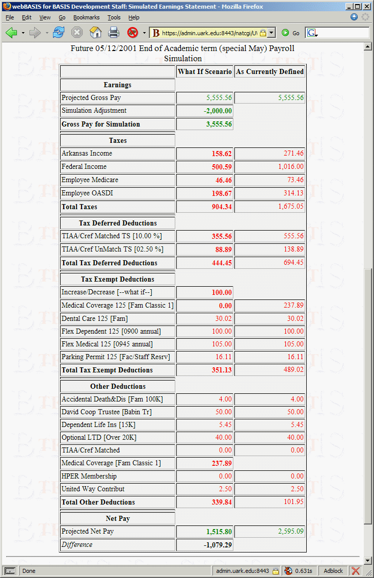 Simulated earnings statement (bottom portion) after what if