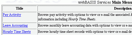 Example of the links for selection on a menu